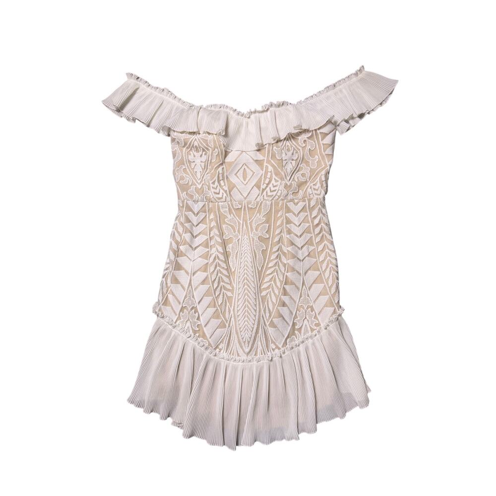 Saints + Secrets White Lace Dress Ruffled Off the Shoulder